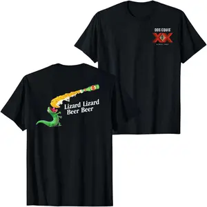 Dos Equis Lizard Beer Funny Graphic T-Shirt, Cartoon Gecko Drinking Beer Print Tee, Humorous Party Design Black Unisex Streetwear Summer Casual Shirt