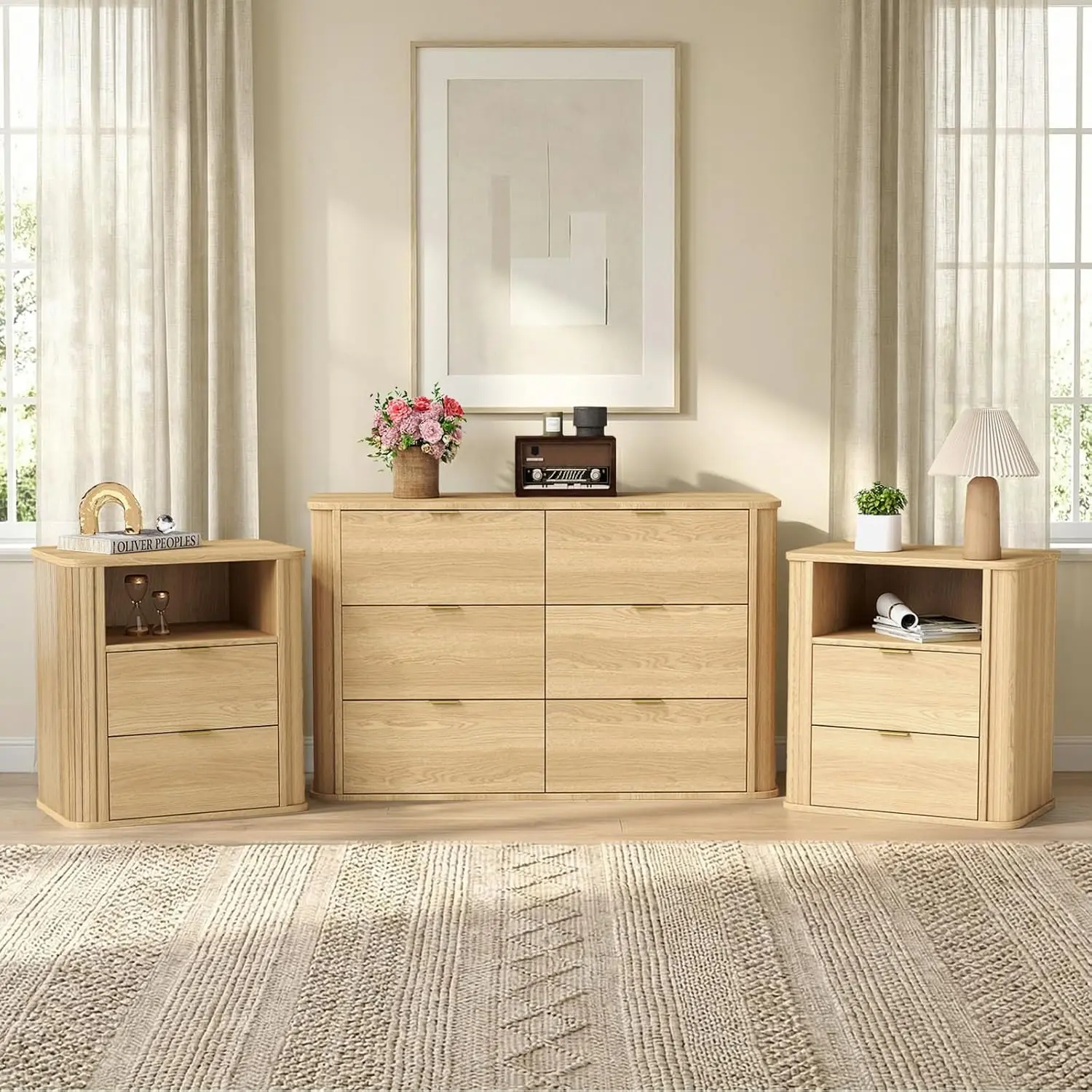 3-Piece Bedroom Furniture Set, Modern Fluted 6 Multi-Drawer  Dresser & 2-Drawer Nightstands,Mid-Century Wood Storage Cabinet Set for Bedroom, Hallway