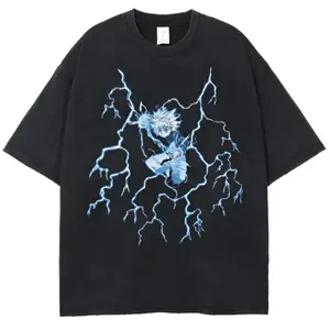 Killua - Anime Hunter x Hunter Men's T-shirt, Vintage Wash Men's T-shirt Digital Print anime Pattern T-shirt High Quality Men Harajuku T-shirt Cotton Street Clothing,Oversized Vintage Washed T-Shirt, Regular Comfort Fabric
