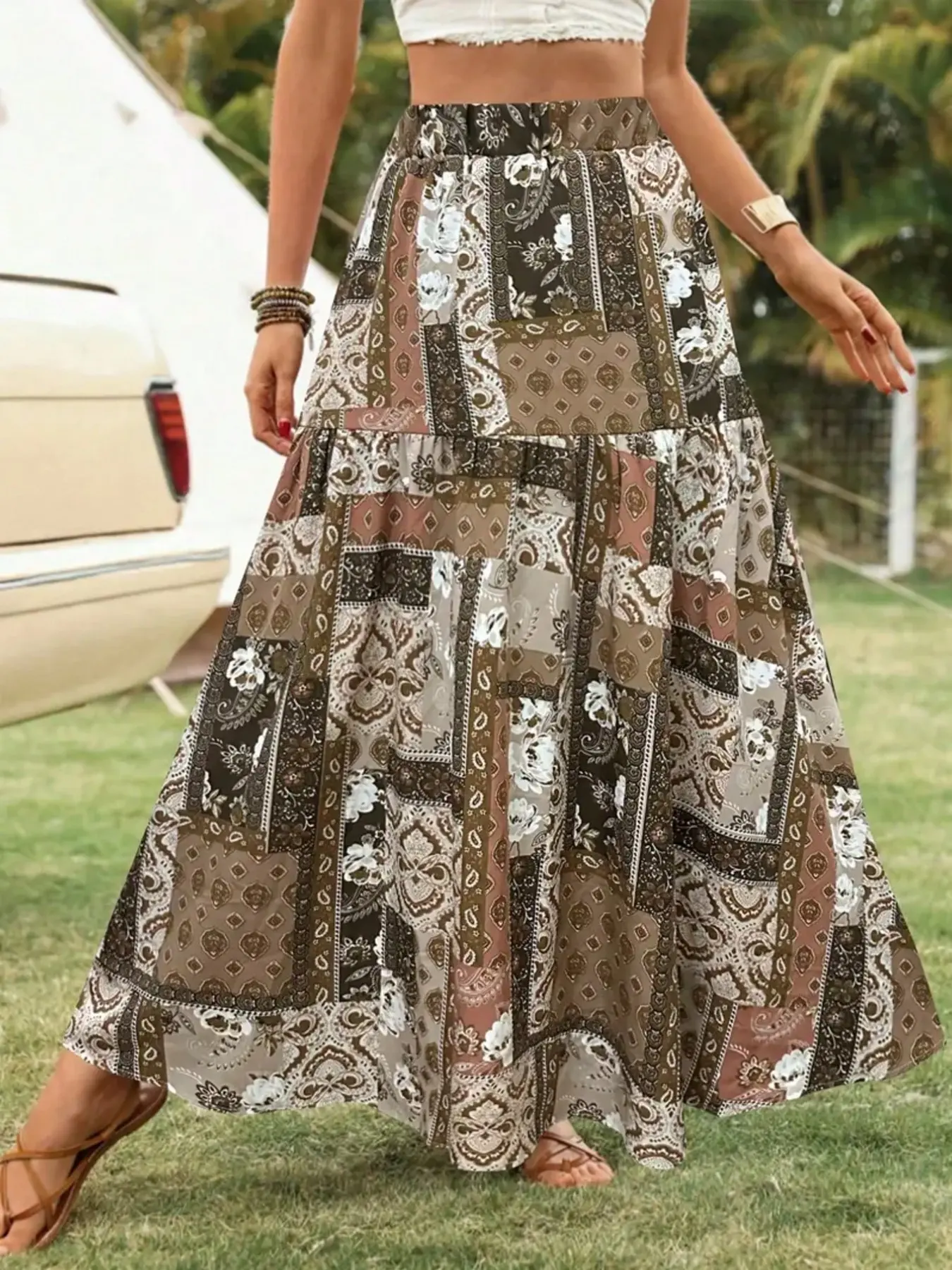 Women's Bohemian Boho Vibe Holiday Patchwork Print Ruffled Hem Skirt, Bottom, Stylish Half-Length Dress, Perfect for Festive Occasions, Unique Design, piece, Womenswear