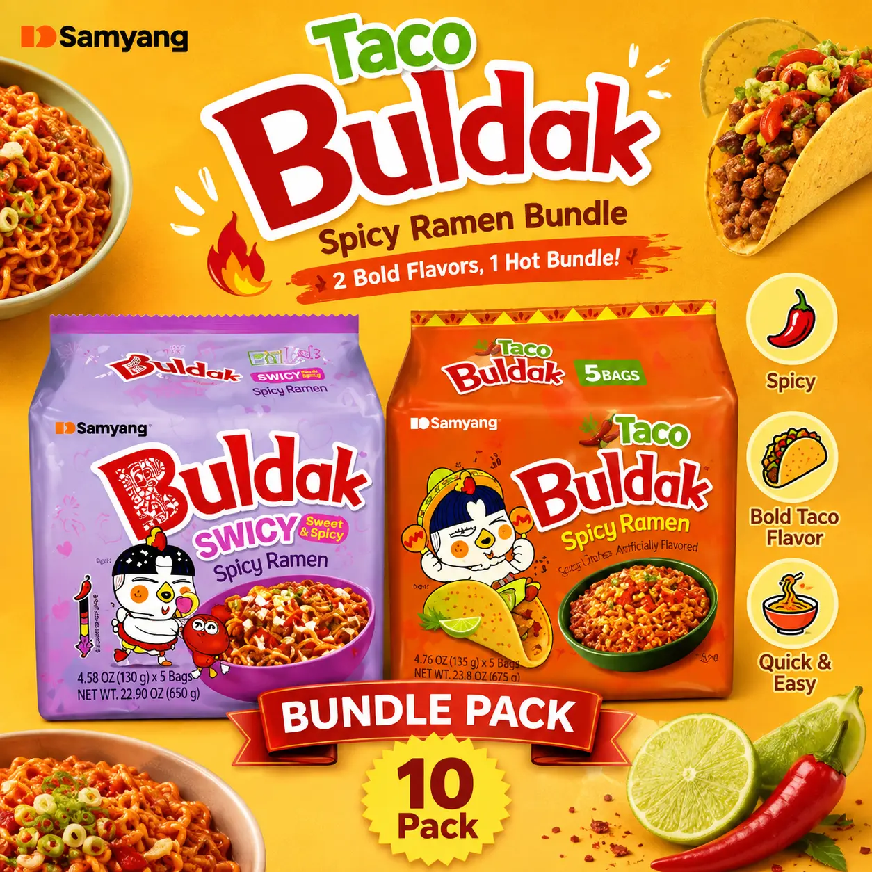 Viral Buldak Korean Spicy Ramen-Swicy and Taco-10 Pack Viral Buldak Korean Spicy Ramen-Swicy and Taco-10 Pack