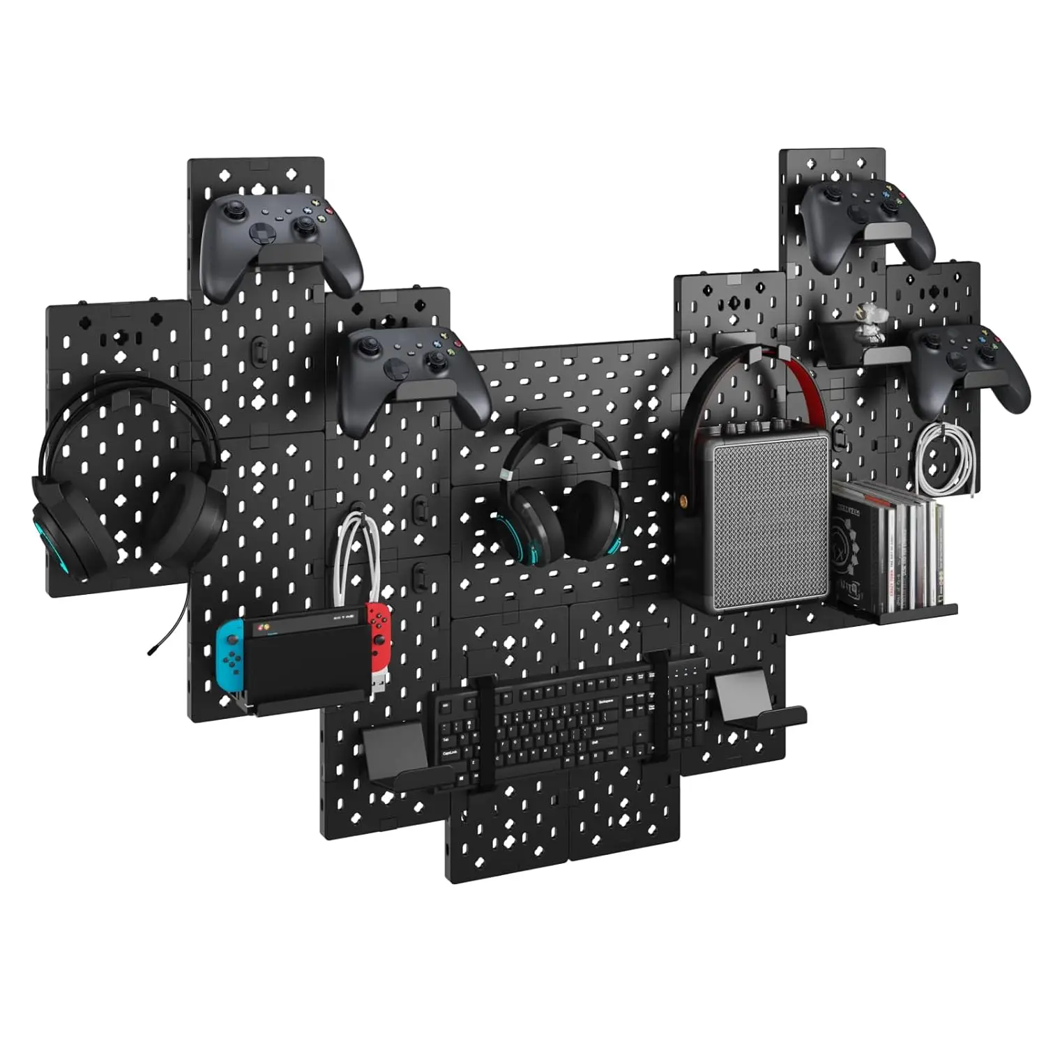 PEGZONE Modular Gaming Pegboard Wall Mount Set - 7 Black Pcs/14 Pcs with Adjustable Racks, Console Organizer, Controller/Headphone Holders, Disc Shelves for Xbox PS5 PS4 Switch Gamer Room Desk Organization