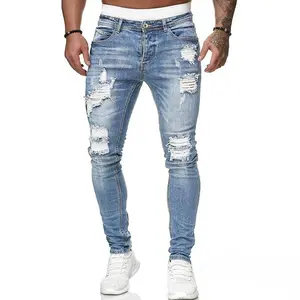 New Trendy AliExpress European and American Slim Fit Men's Jeans with Rips, Export Quality, Wish Cross-border Quality Jeans Menswear Trouser