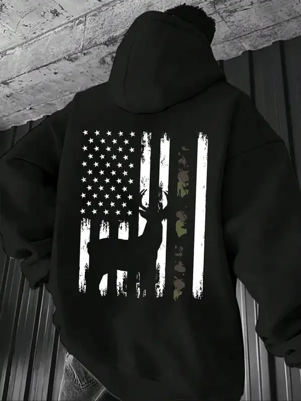 Men's Unisex Whitetail Deer Hunting Buck Camo American Flag Pullover Hoodie - Longsleeves Top, Front Pouch Pocket, Back Print, Fashionable Cut, Soft Breathable Knitted Cotton, 3XL, All Seasons, Cold Wash Hang Dry, Outdoors Sports Casual Wear