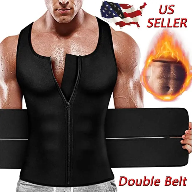 Men's Sauna Vest Waist Trainer with Zipper and Double Sweat Belts, Compression Body Shaper for Tummy Control and Gym Workouts, Sweat Waist Trainer