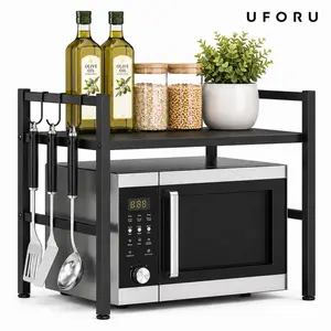 Adjustable Adjustable Microwave Oven Rack, Expandable Kitchen Countertop Shelf with 6 Hooks, Black Metal Storage Stand for Microwave, Toaster Oven, Air Fryer, Seasoning Jars, Dishes#SummerWins#dealsforyou