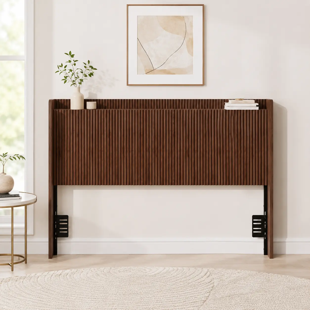 Queen Size Fluted Panel Wood Frame Headboard - Vertical Ribbed Design, Adjustable Metal Brackets, Freestanding Mid-Century Modern Style