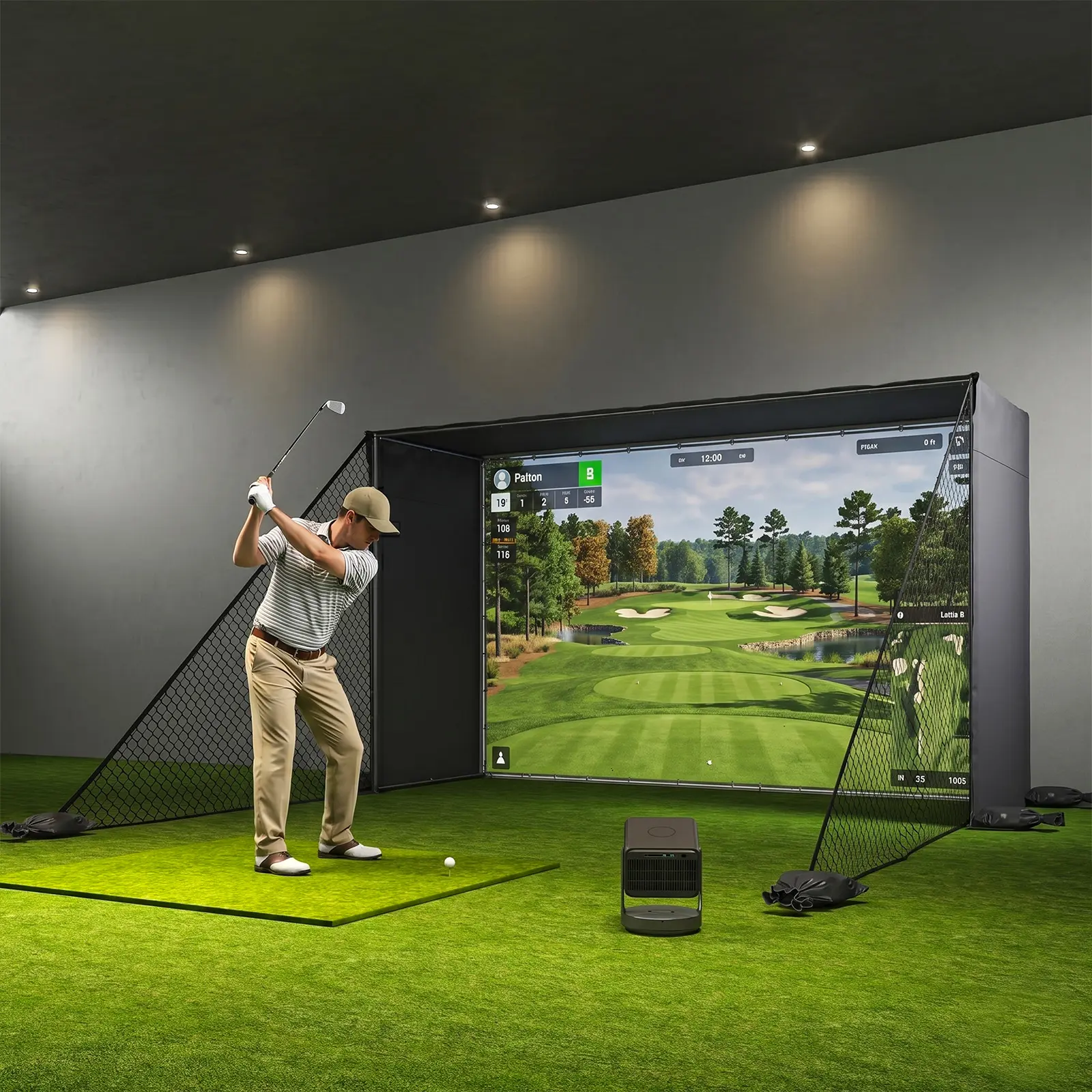 BEZLIVING Golf Simulator Enclosure Net with HD Impact Screen, Heavy Duty Steel Frame, Side Shank Protection Nets, Sandbags, Indoor Garage Golf Hitting Net for Real Golf Balls