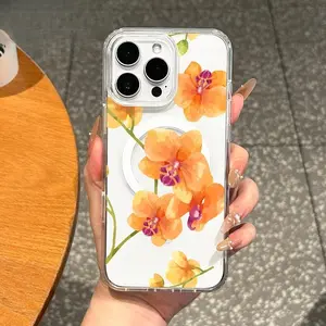 Magnetic Closure TPU Cellphone Case - Aesthetic Orange Orchid Watercolor Design, Shockproof, Scratch-Resistant Protection Cover for iPhone 11/12/13/14/15/16/17 Pro/Pro Max/Plus, Girly Mobile Accessory