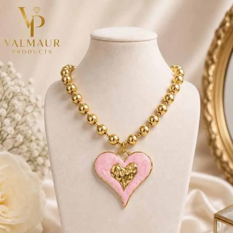 Valmaur Products Brass Balinese Style Necklace with Pink Painted Heart Pendant for Women