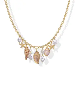 PAVOI 14K Gold Plated Charm Necklace for Women - Adjustable Mother of Pearl, Seashell , Starfish and Shell Necklace Pendant - Trendy Summer Beach Necklaces Jewelry
