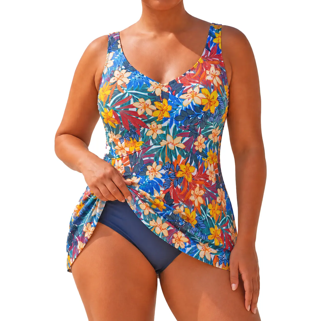 Plus Size Tummy Control One Piece Swimdress for Women V Neck Swimsuit with Skirt Built-In Cups Bust Support Built-In Brief Wide Straps Full Coverage Flattering Comfortable Secure Fit Floral Print Bathing Suit for Beach Pool Vacation Summer Swimwear