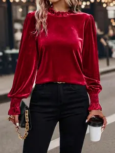 Women's Velvet Ruffle Balloon Lantern Sleeve Long Sleeve Fitted Shirt, Casual Daily Wear Top, Textured Fabric, Versatile Blouse for All Seasons, Christmas shirt, Stylish shirt