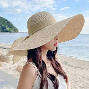 Women’s Oversize Bow Beach Hat – Straw Sun Hat with Wide Brim for Summer Sun Protection
