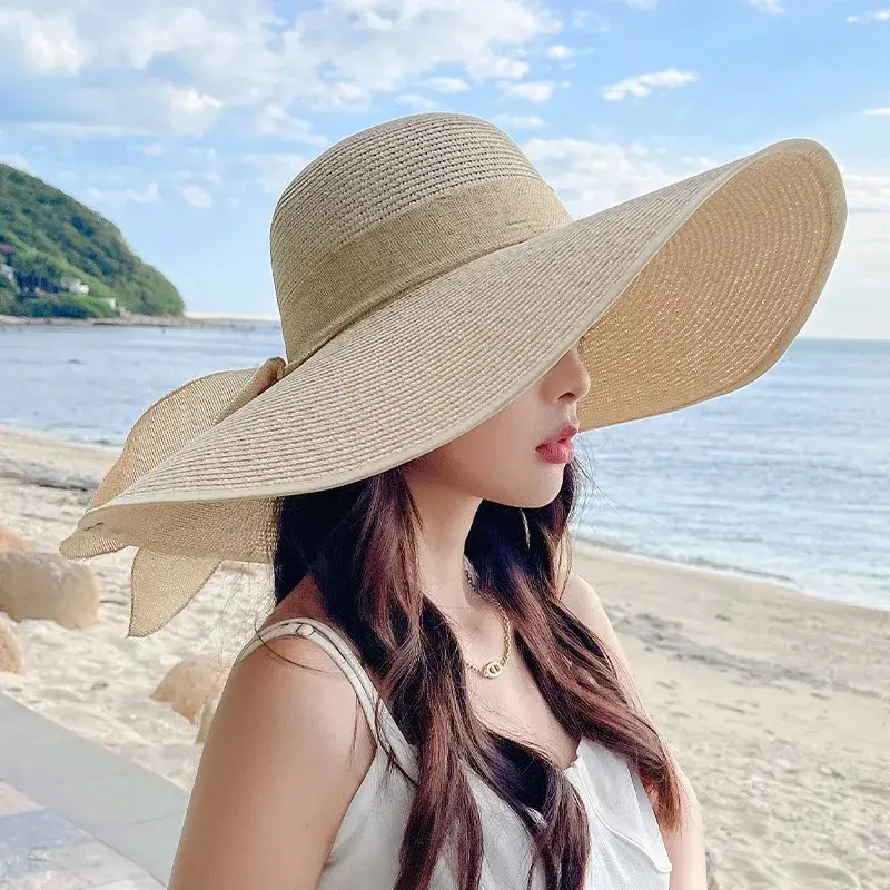 Women’s Oversize Bow Straw Beach Hat - Elegant Wide-Brim Hats for Women, Summer Outdoor Sun Protection Accessory (Bag Charm & Twilly Compatible), Accessories For Women