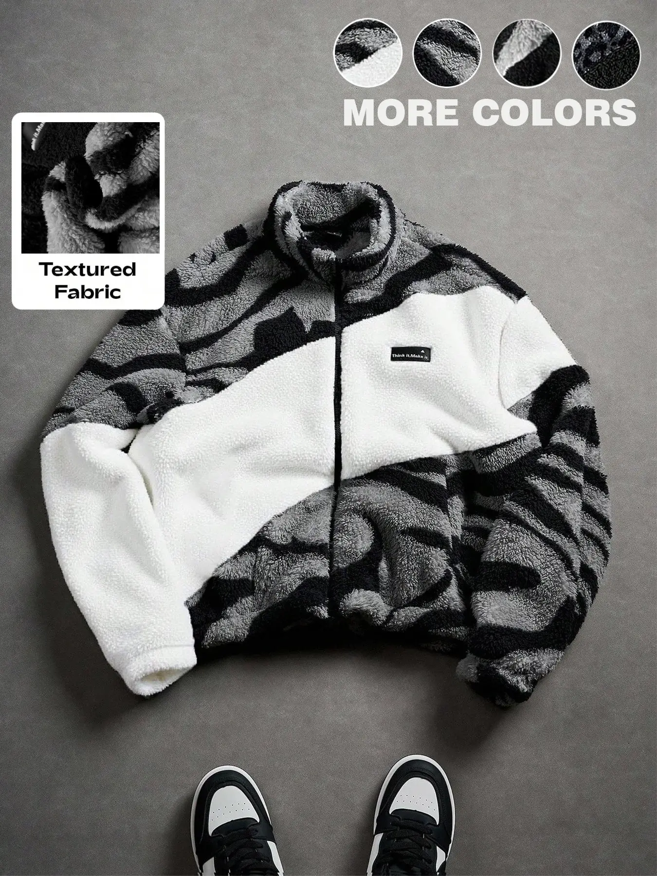 Unisex design, Casual, couple's outfit, Y2K style with English patterns and street-style zebra print color-blocked fleece-lined Long Sleeves jacket for autumn and winter. Suitable for streetwear, Y2K fashion, high-street culture, ideal as a gift for men