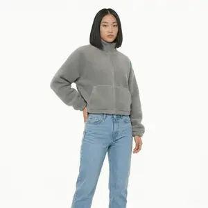 HL High Level Women's Grey Sherpa Fleece Cropped Zip-Up Jacket - Long Sleeve, Comfortable, Oversized, Casual, Boxy, Vintage Minimalist Basic Top with Buttons