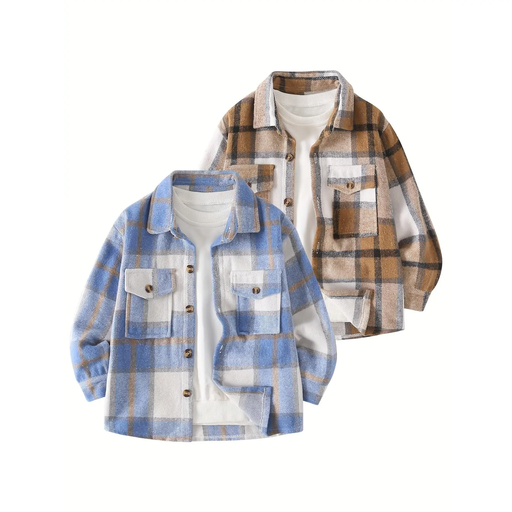 #SohoChic 2-piece boy autumn plaid shirt coat 4-12 years old children's casual fashion Joker plaid coat Outerwear Coats Lapel Neckline Coat