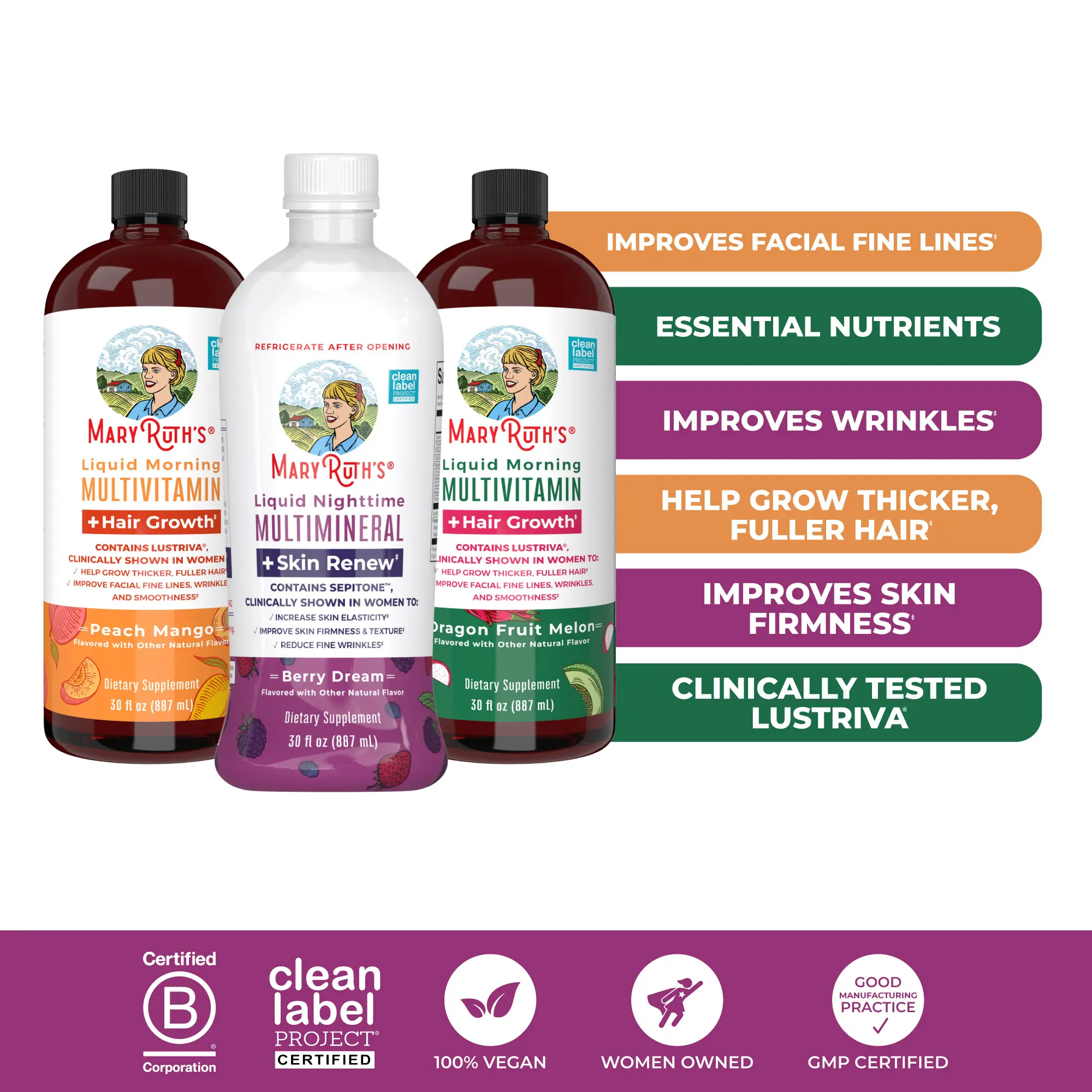 MaryRuth's Hair & Skin Bundle - Liquid Morning Multivitamin + Hair Growth Peach & Dragon Fruit 30oz - Liquid Nighttime Multimineral + Skin Renew 30oz