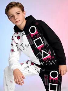 Trendy Kids Squid Game Set, Youth Kits, Graffiti Hoodie Sweatshirts and Pants Sweatpants, Unisex Spring Fall Sport Two-Piece, Casual Slim Fit, Sweat Suit