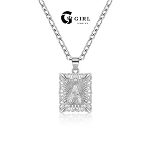 GGIRL Retro Simple Casual Silver-Color Initial Letter Square Pendant Necklace for Men and Women, Gothic Capital Monogram Necklace Alphabet from A-Z Figaro Chain Necklace,Trendy Daily Verstaile Jewelry Present For Her