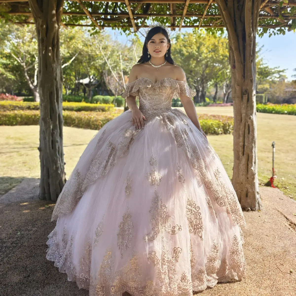 NO.30 Metallic Lace Quinceañera Ball Gown Dress - Red, Blush Pink, Front Split, Corset Back, Sweet 15 Formal Dress, Formal Wear, Women, Lace Back, Off Shoulder, Embroidery, Ball Gown Wedding Dress, Gold Foil