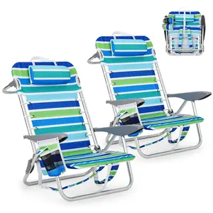 2 Pack Lightweight Portable Camping Beach Chair for Adults, Outdoor Lay Flat Folding Beach Chairs with 5 Positions, Backpack Beach Chair with Towel Bar, Zipper Pouch, Cup Holder, Ocean Striped