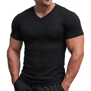AGILELIN Men's Breathable V-Neck Short-Sleeve Lined T-Shirt - Summer Slim Fit, Sports & Fitness Use, High-Quality Casual Wear Clothing