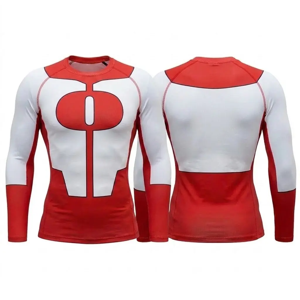 Men Long Sleeve Compression Shirt, Red White Graphic Athletic Gym Top, Quick Dry Workout Rashguard, Bodybuilding Muscle Base Layer, High Elasticity Fitness Sports Shirt