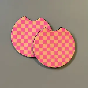 Pink and Orange Checkered Car Costers