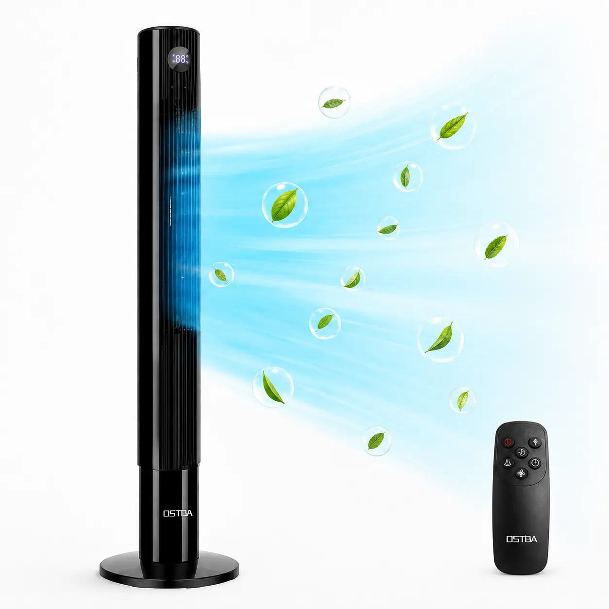 OSTBA 43" Tall Column Bladeless Cooling Fan with Remote, 85° Oscillation, Touch Controls, LED Display, 12H Timer, 3 Speeds, 2 Modes, 28dB Silent Powerful Standing Floor Fan for Bedroom, Home, Silent Cooling Fan, Powerful Cooling Fan