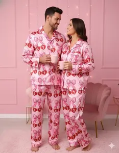 Pink Heart “67” Couple Satin Pajamas – Cute Valentine’s Matching Set, Romantic Lovers Loungewear, Relaxed Fit, Elastic Waistband, Contoured Seaming, Soft Breathable Fabric