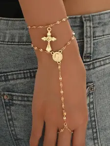 Women's Cross Pendant Necklace Set, Saint Mary Round Disc Metal Chain Gift for Women, Fashionable Personalized Party Accessory, Trendy Jewelry Set