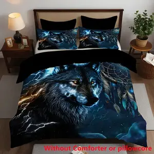 3-piece set blue dream net wolf digital printed bedding in polyester includes 1 duvet cover and 2 pillowcases, the top choice for bedrooms, dormitories, and guesthouses