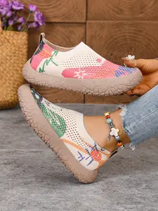 Women's Artistic Print Slip-On Casual Sneakers, Closed-Toe Chunky Sole Casual Fashion Shoes for Light Outdoor Activities and Casual Adventures