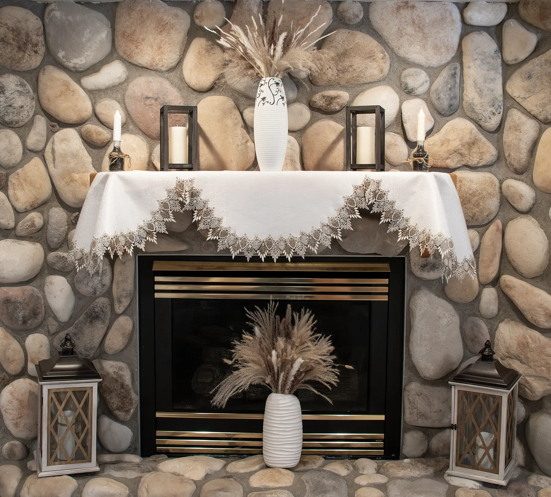 Linens Art And Things Scalloped Earth Tone Beige & White Lace Mantle Scarf, 19in x 90in Fireplace Decor Drape