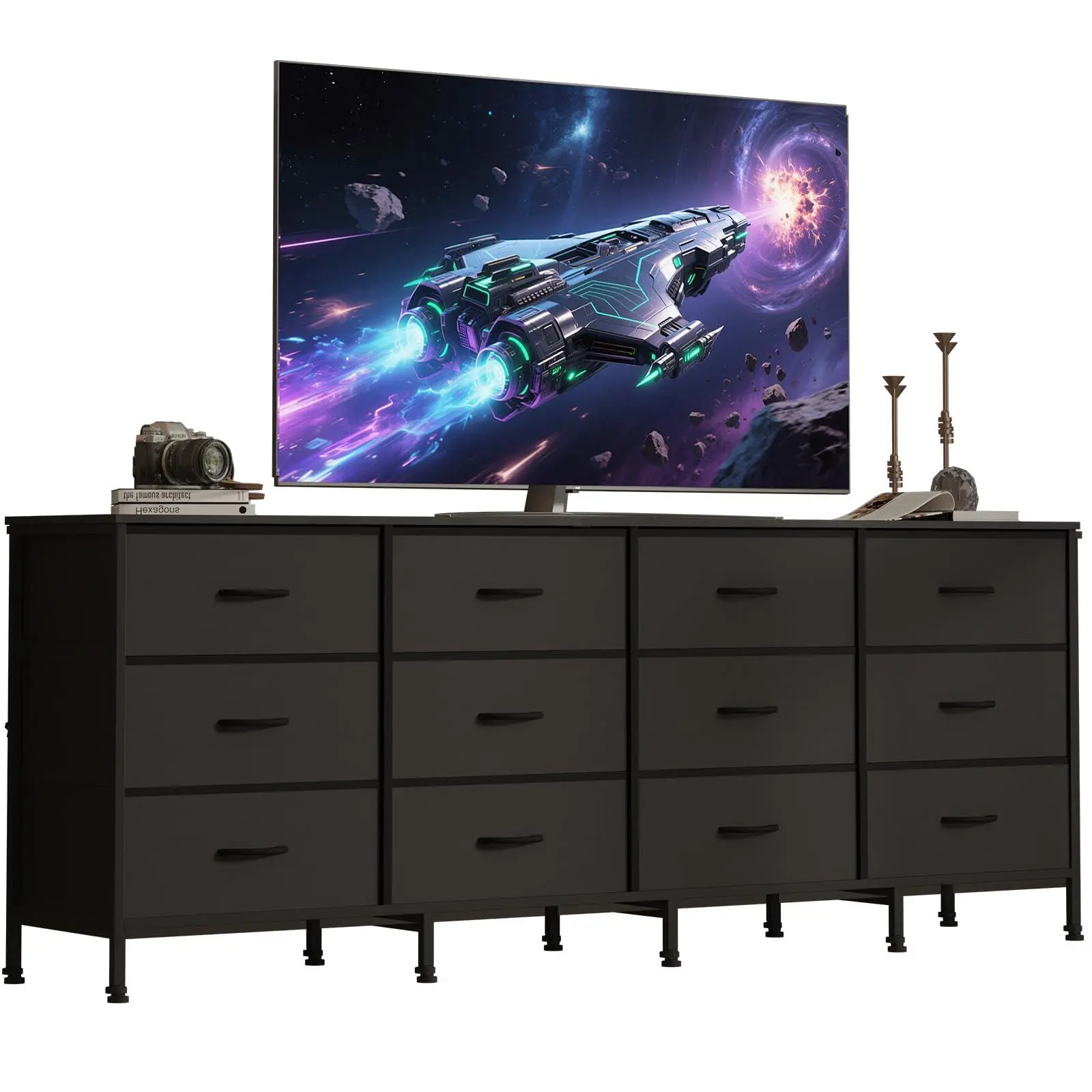 Gaomon Black 70-Inch Large Dresser with Charging Station, 12 Fabric Drawers, TV Console with Storage (Fits 65-80 Inch TVs), Indoor Furniture for Living Room, Bedroom