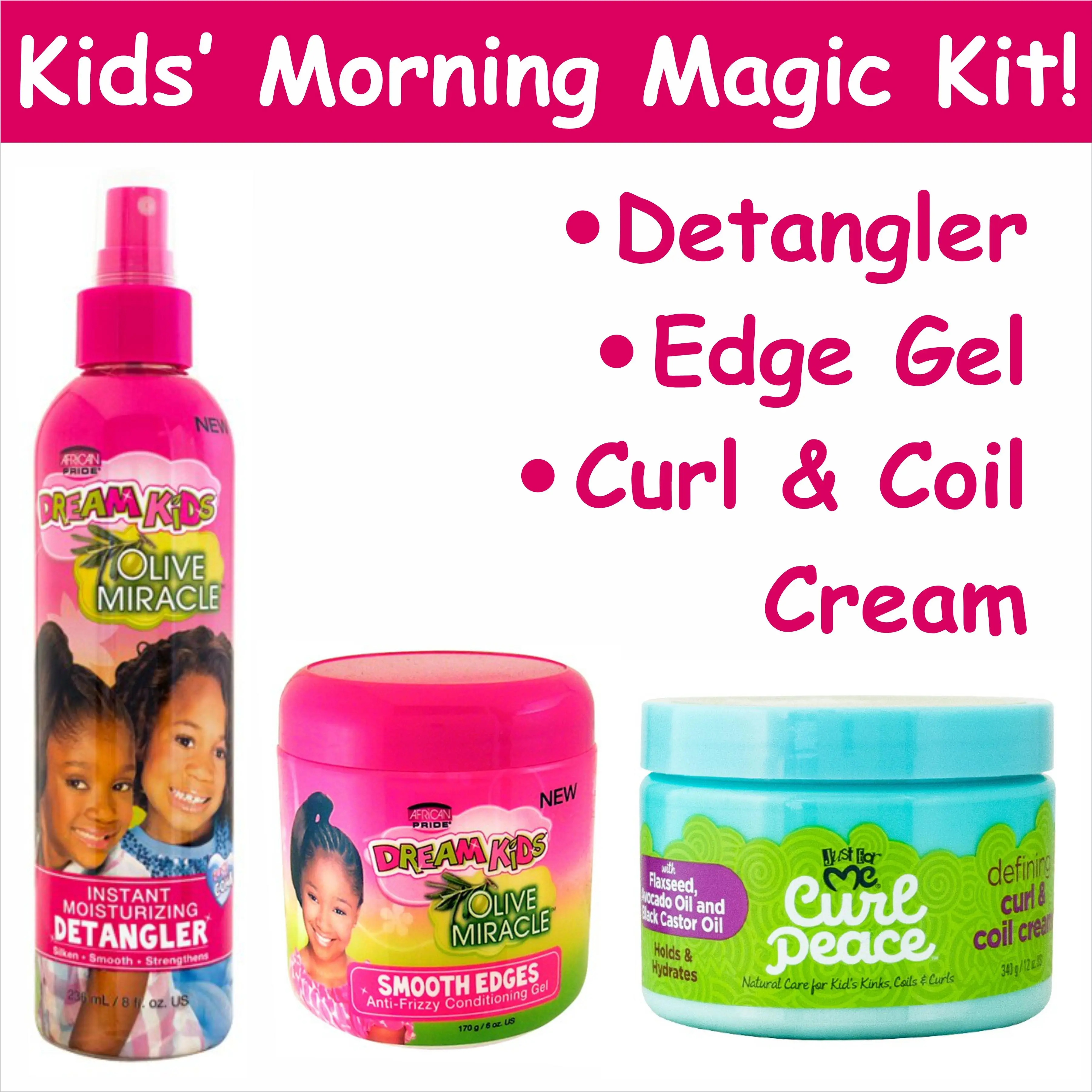 Kids Styling Kit!: Dream Kids Olive Miracle Instant Moisture Detangler 8 oz, Dream Kids Smooth Edges Gel 6 oz, Just For Me Curl & Coil Cream 12 oz Haircare Curly Haircare