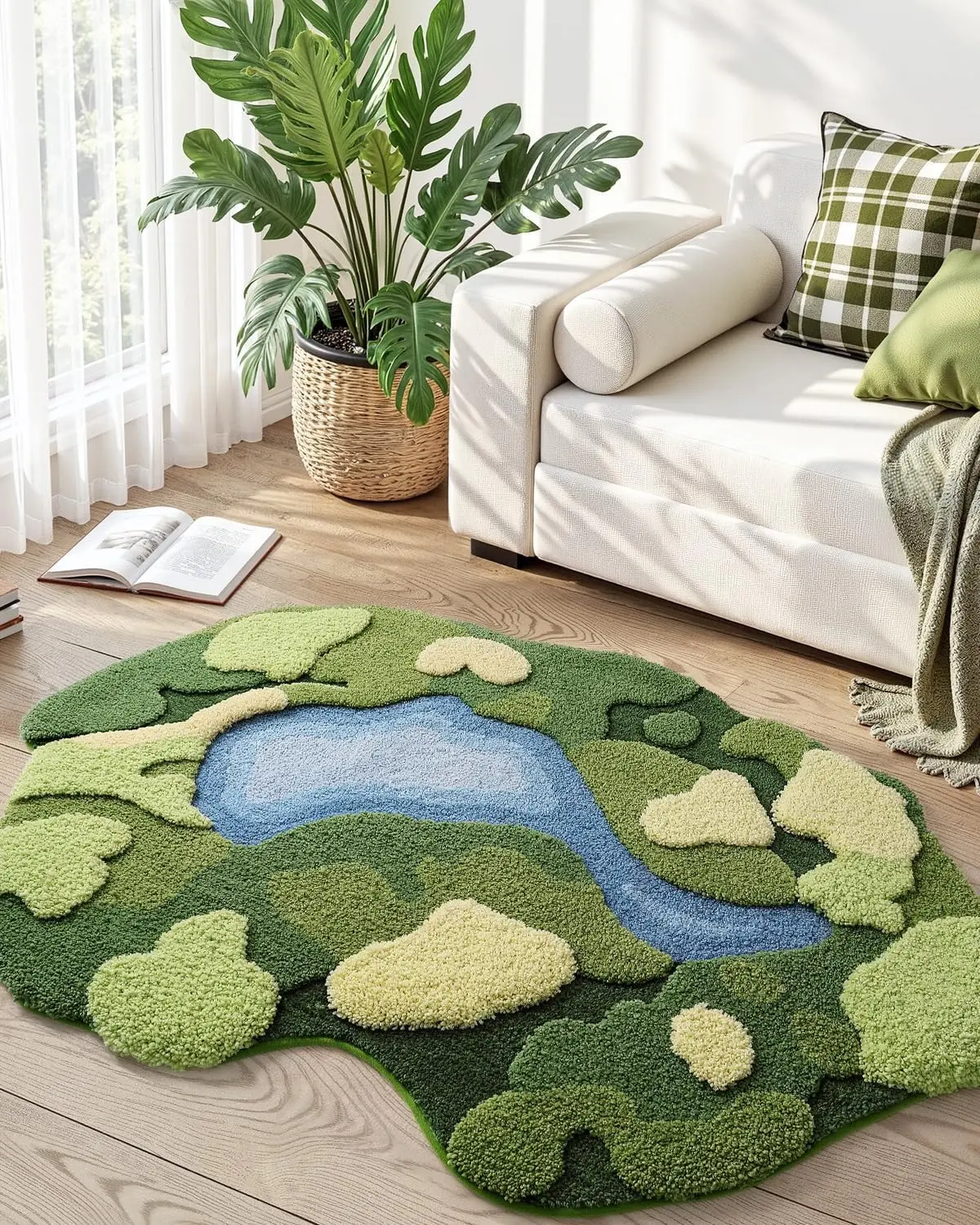 LUMI Moss Bath Mat Ultra Thick Soft Green Bathroom Rug 20x32 Daisy Pattern Non Slip Microfiber Absorbent for Shower Floor Sink Bedroom Home Decor