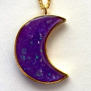 Moon Opal Crescent Pendant Necklace – Celestial Purple Galaxy Charm in Gold