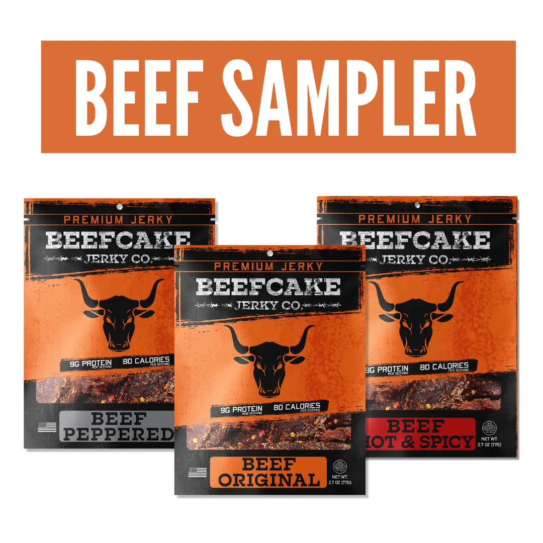 Beefcake Jerky Co. Beef Sampler - 3 Flavors: Peppered, Original, Hot & Spicy