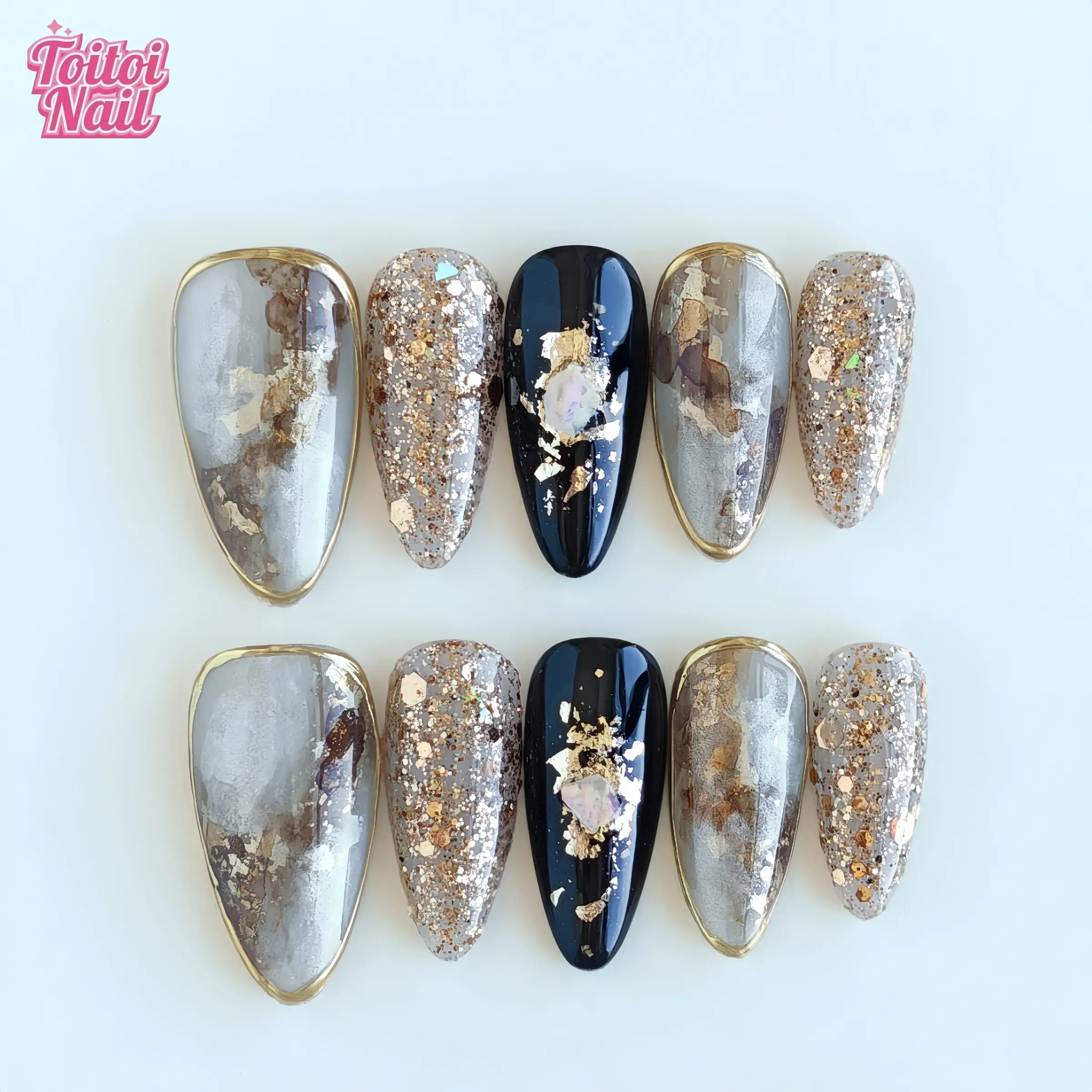 Opal Marble Handmade Press-On Nails, Nail Set, Medium Almond Shape, 10pcs, Vintage Opal Marble Design, Grey Gold Marble & Opal Chip Accents, Reusable DIY Nail Kit for Women, Trendy Nail Art for Spring, Summer