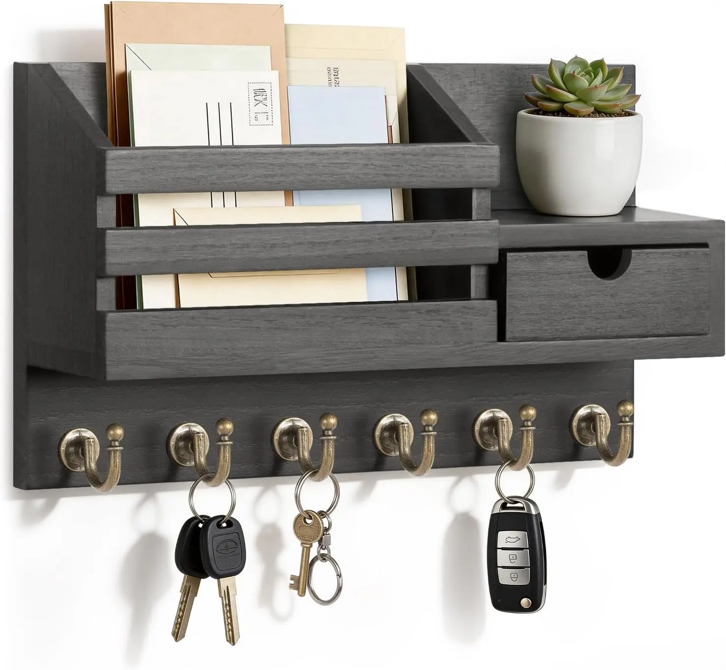 Wall Mounted Mail Holder with Key Hooks, Entryway Wall Organizer for Mail, Letters, Keys and Wallets, Metal Wall Key Rack Storage Organizer for Home, Office, Hallway, Black Finish