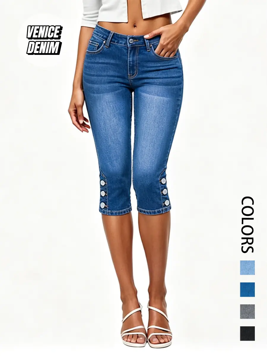 Women's Mid-Waisted Denim Bodycon Capri Jeans - Polyester-Spandex, Modest, Feminine, Soft, Stretchy, Breathable, Slimming, Minimalist, Hip, Stylish Fit Streetwear Bottoms