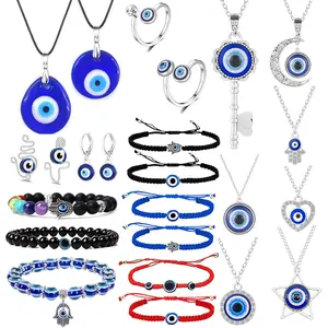 23-Piece Evil Eye Jewelry Set for Women Men Turkish Lucky Blue Eyes Amulet Leather Rope Earrings Bracelets Necklace Pendant Glass Design