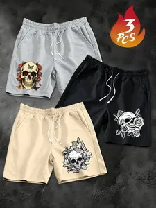 Men's Plus Size Gothic Skull Floral Print Loose Shorts, Casual Drawstring Streetwear Five-Quarter Pants, American High Street Trendy Style