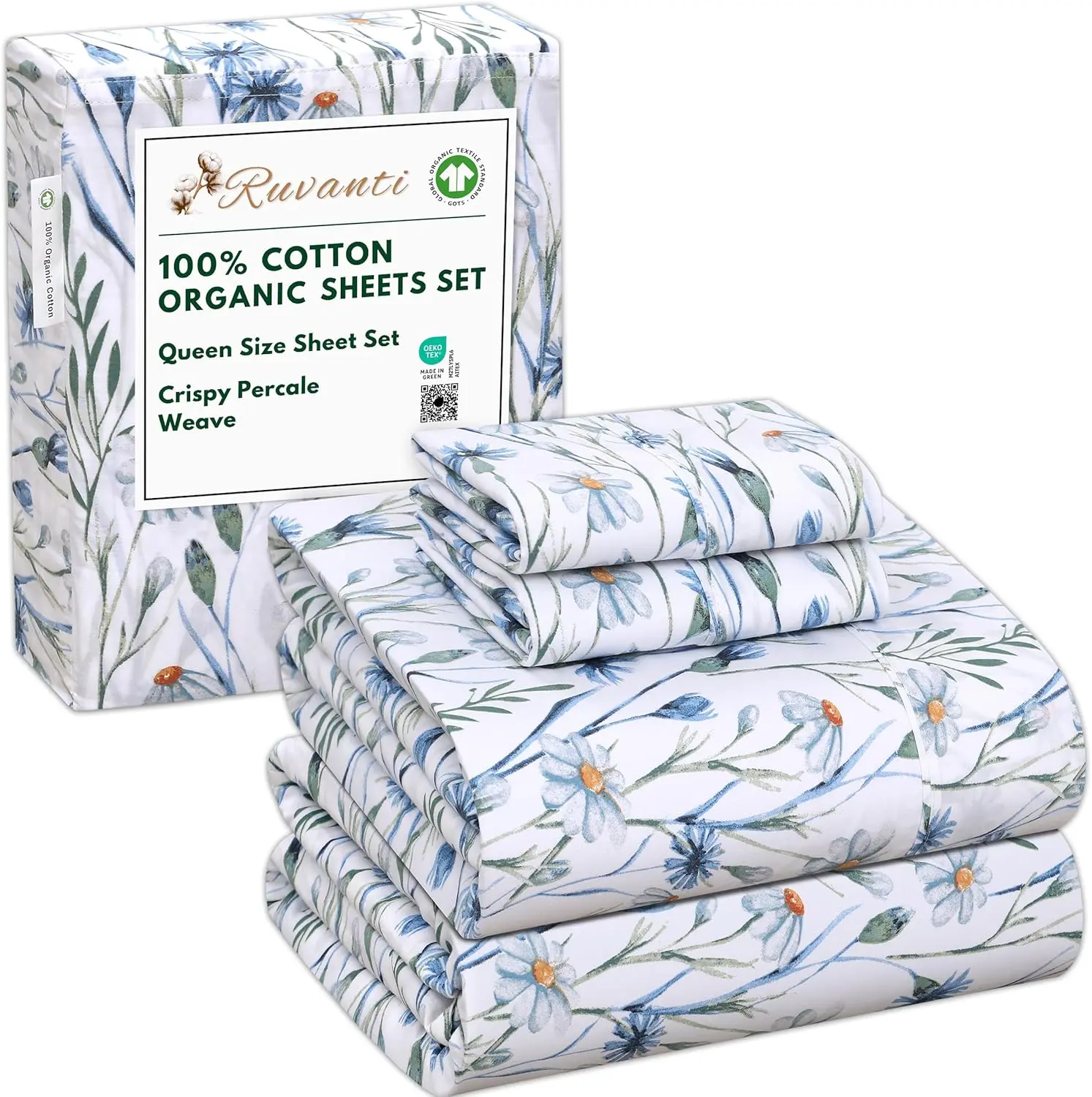Ruvanti 100% Organic Cotton Percale Sheet Set – Ultra Soft Hotel-Quality Bedding with Deep Pockets, Breathable, Elegant Design, Soft Touch, OEKO-TEX Certified