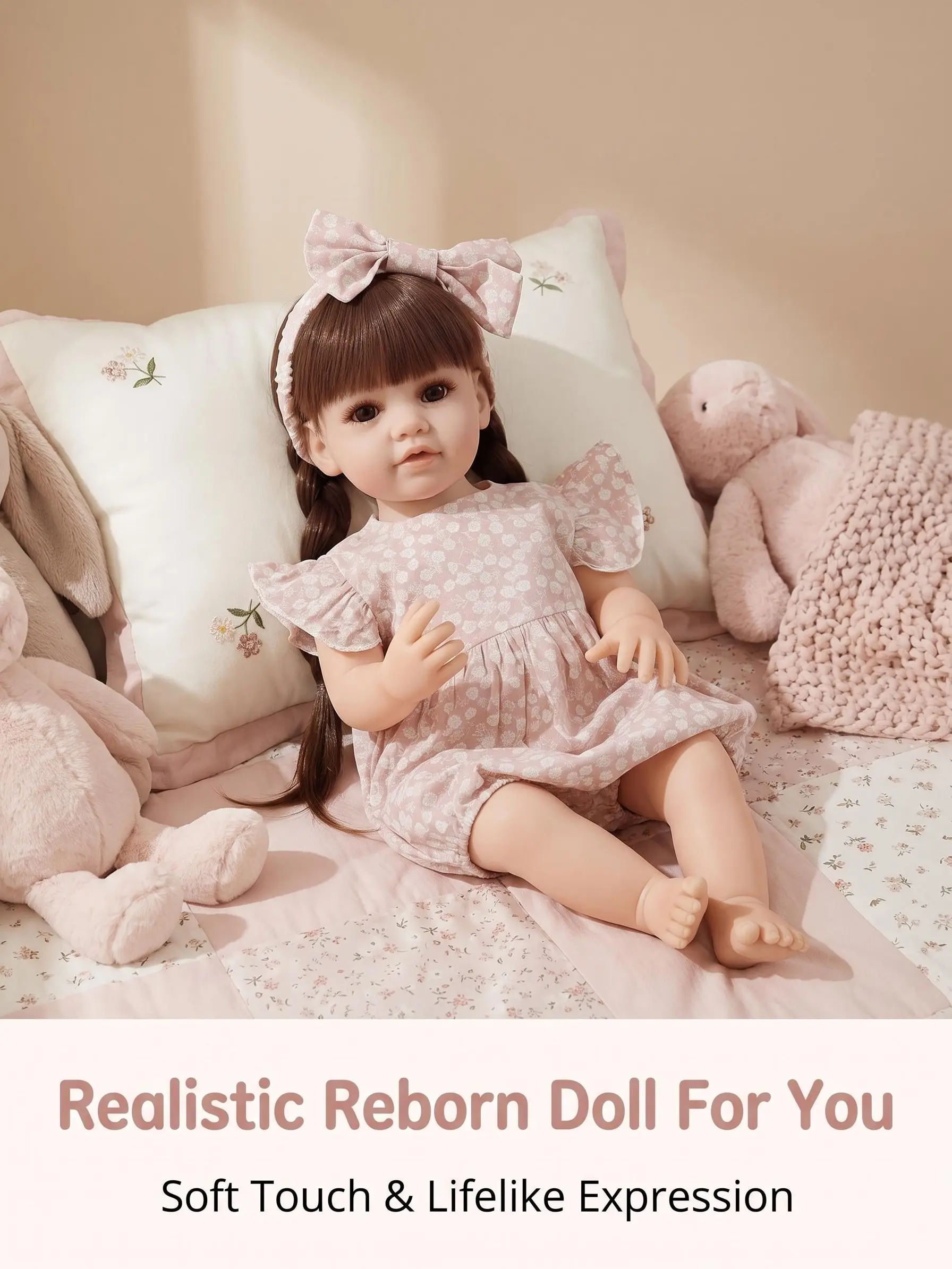 22 Inch Open Eyes Reborn Baby Doll, Brown Double Ponytail Girl Doll with Pink Polka Dot Dress, Premium Vinyl CPC Certified Realistic Doll Gift for Girls Collectors