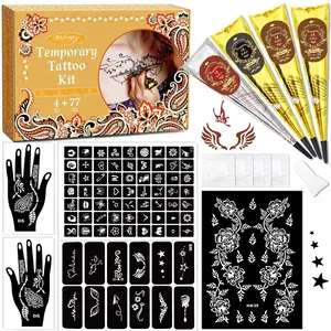 Temporary Stencils Tattoos Kit, 4 Pcs Tattoo Cones 3 Color (1 Black 2 Maroon 1 Cherry Red) with Gloves Brush Tool,DIY Body Art Skin Painting Designs for Women Men Kids Party Gifts