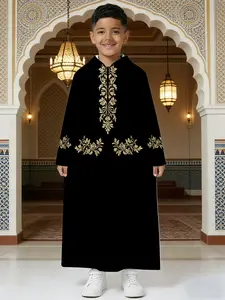 Boys Gold Hooded Embroidered Robe, Arabic Traditional Clothing, Prayer Wear, Moroccan Ethnic Style Kids Fashion